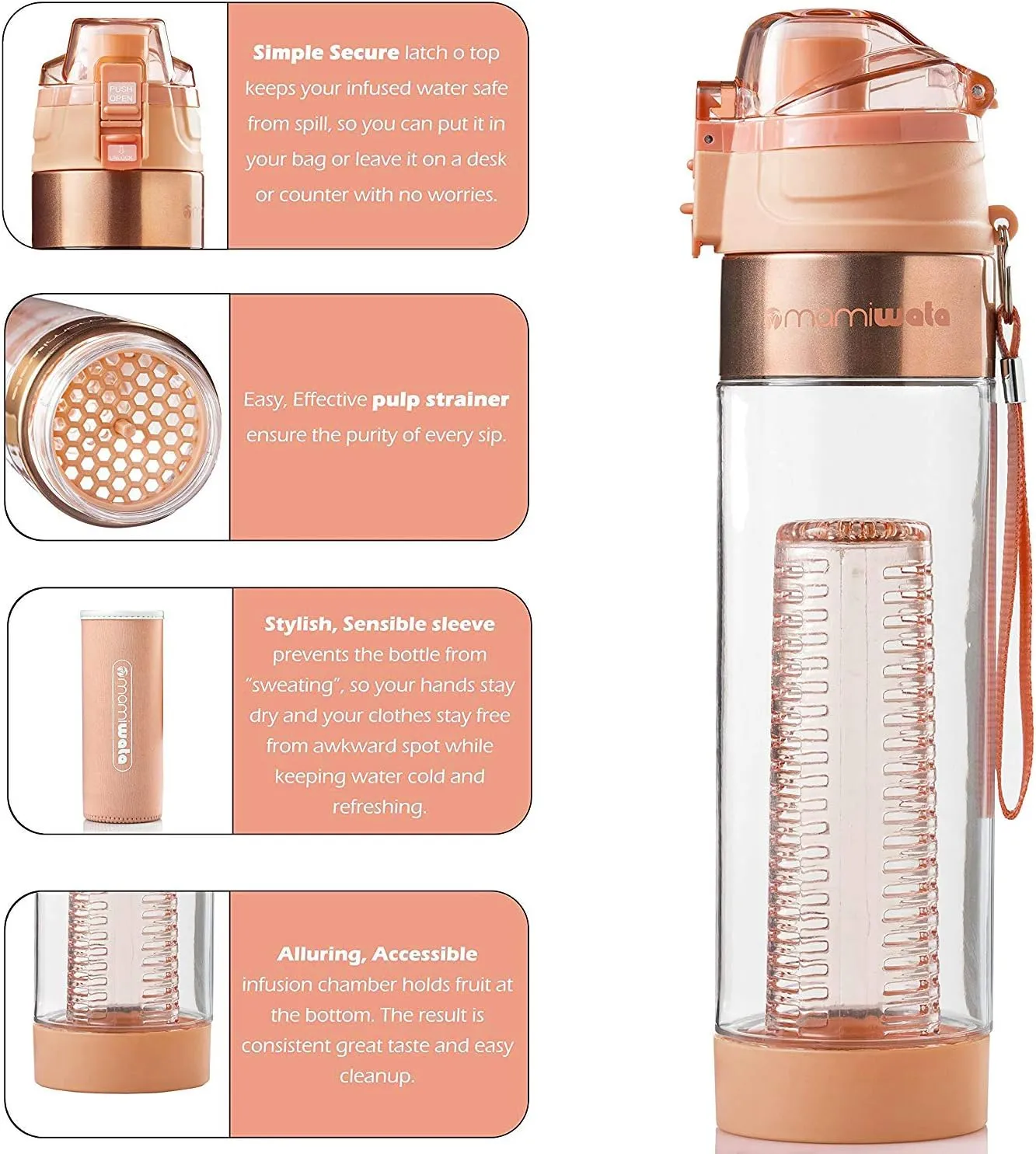 Fruit Infuser Water Bottle – 24 oz – Tritan Plastic - Unique Stylish Design – Fruit Infused Water recipes eBook & Insulating sleeve – Beautiful Gift Box