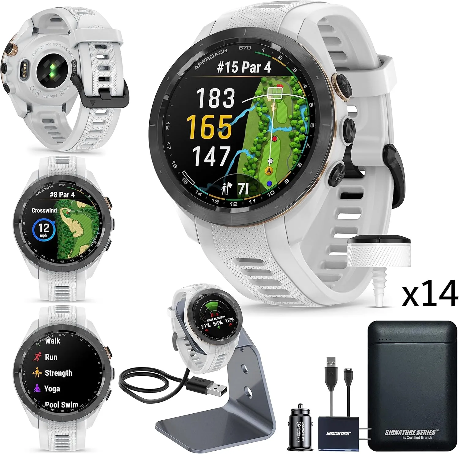 Garmin Approach S70 Golf Smartwatch | AMOLED Display | Shot Execution/Putt Alignment | Golfing System with Approach CT10 Full Kit, Club Tracking System (14 Sensors) and Signature Stand Power Bundle
