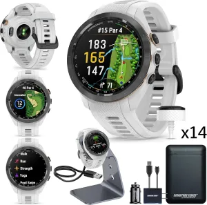 Garmin Approach S70 Golf Smartwatch | AMOLED Display | Shot Execution/Putt Alignment | Golfing System with Approach CT10 Full Kit, Club Tracking System (14 Sensors) and Signature Stand Power Bundle