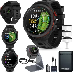 Garmin Approach S70 Golf Smartwatch | AMOLED Display | Shot Execution/Putt Alignment | Golfing System with Approach CT10 Starter Kit, Club Tracking System (3 Sensors) and Signature Stand Power Bundle