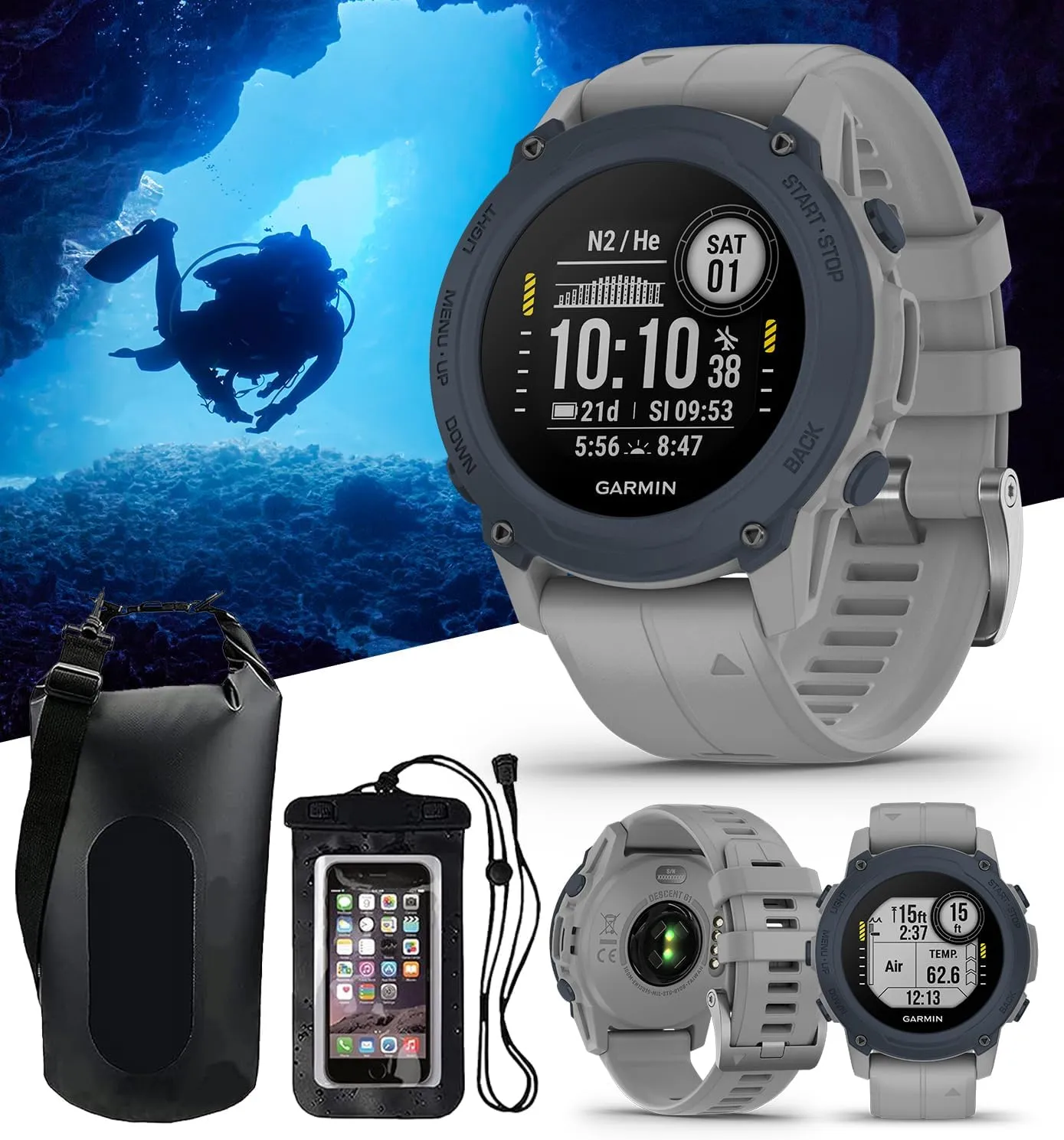 Garmin Descent G1 (Powder Gray) Dive Computer Watch Diver's Bundle - GPS Diving Watch with Compass & Depth Sensor, Surface & Exit - Includes Waterproof Dry Bag & Cell Phone Pouch