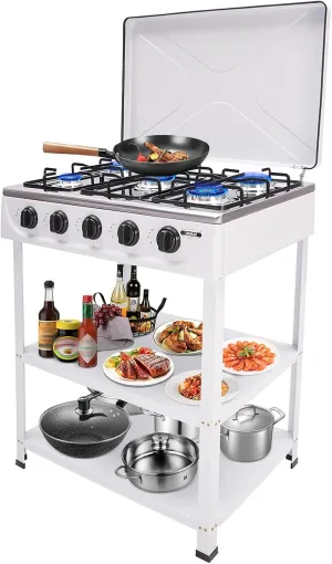 Gas Stove Portable LNG Stove 5 Burner with Support Leg Stand and Wind Blocking Cover, Propane Gas Cooker,Adapter Manual Ignition Camping Stove for Home RV Cooking Total High: 32.28in