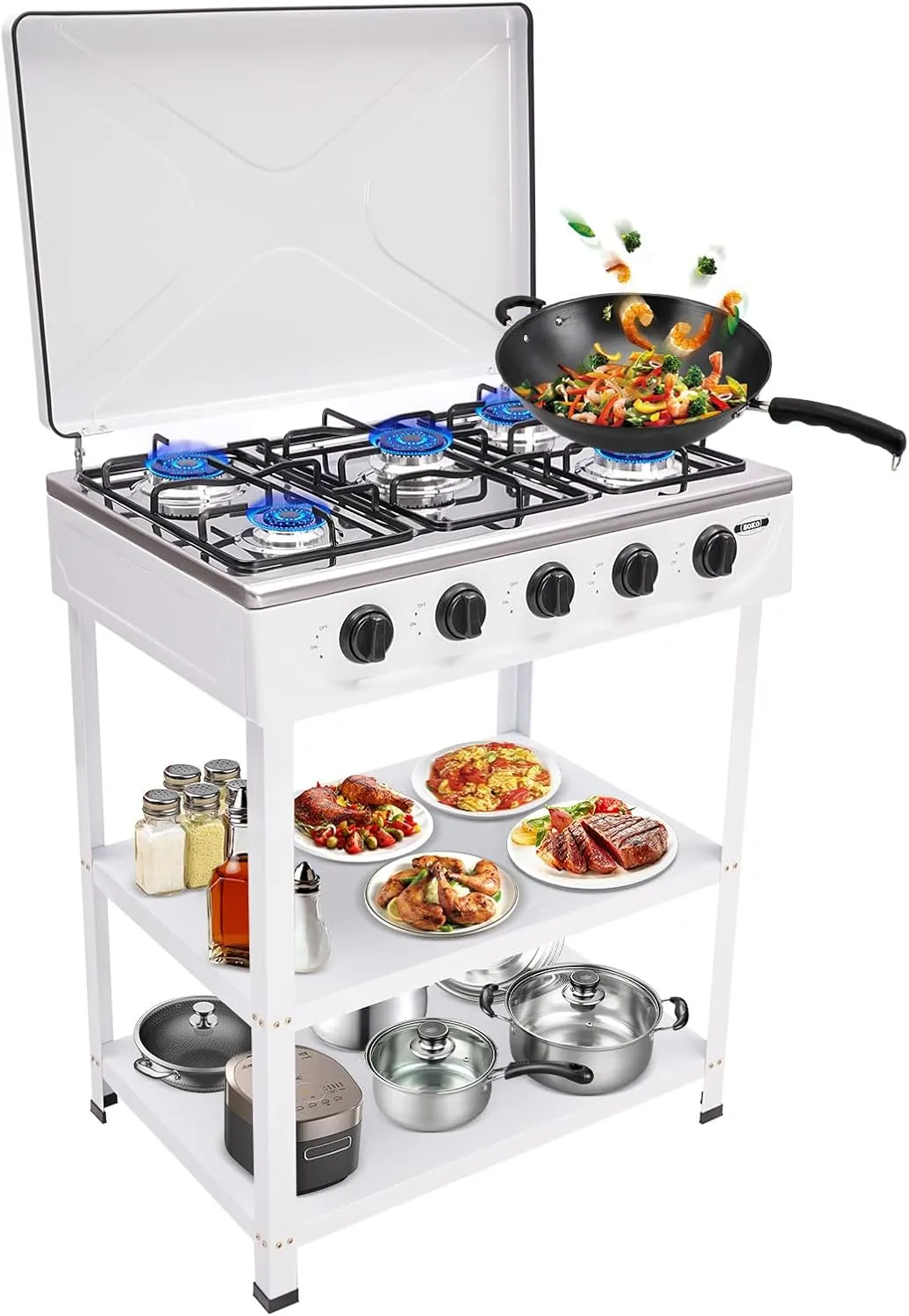 Gas Stove,5 Burner Outdoor Stove with Removable Storage Stand, Stainless Steel Gas Cooker with Cover for Camping Picnic (White, 5 Burners)