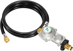 GasSaf 5FT 2 Stage Propane Regulator with Hose, 90 Degrees RV Propane Regulator for Dual Fuel Generator, RV, Camp Stoves, Gas Grills, Heaters - Standard POL Connection Fits 5-100 lb Propane Tanks