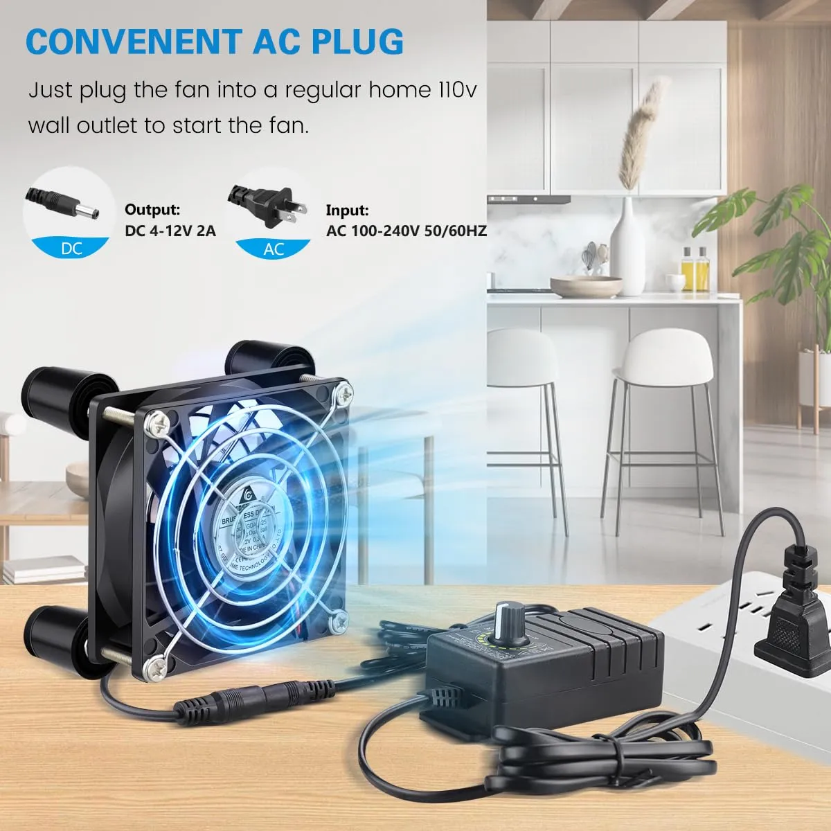 GDSTIME 80mm x 25mm Computer Fan with AC Plug, 100V-240V Variable Speed Controller for Modem Terrarium Router Receiver DVR PlayStation Xbox Component AV Cabinet Cooling
