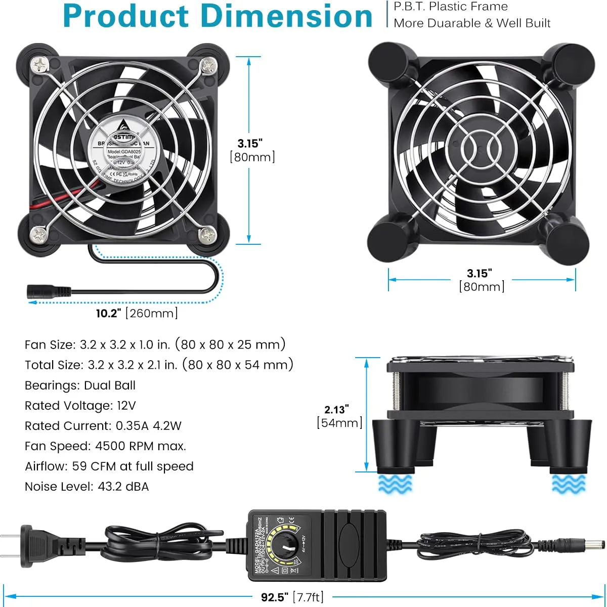 GDSTIME 80mm x 25mm Computer Fan with AC Plug, 100V-240V Variable Speed Controller for Modem Terrarium Router Receiver DVR PlayStation Xbox Component AV Cabinet Cooling