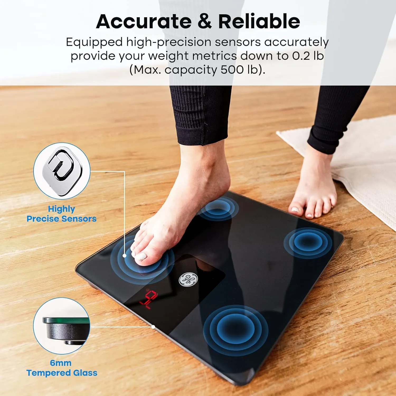 GE Bathroom Scale Body Weight: Digital BMI Weight Balance Scales FSA HSA Eligible Heavy Duty Measuring Device for People Accurate Bluetooth Weighing Electronic Weigh Machine, Black