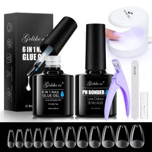 Gelike EC Gel Nail Kit: 528pcs Short Coffin Shape Soft Gel Nail Tips, 6 In 1 Nail Glue Gel and Primer, LED Nail Lamp, Nail Files, Clipper and Soft Ruler for Fast Acrylic Nail Art DIY Home Manicure