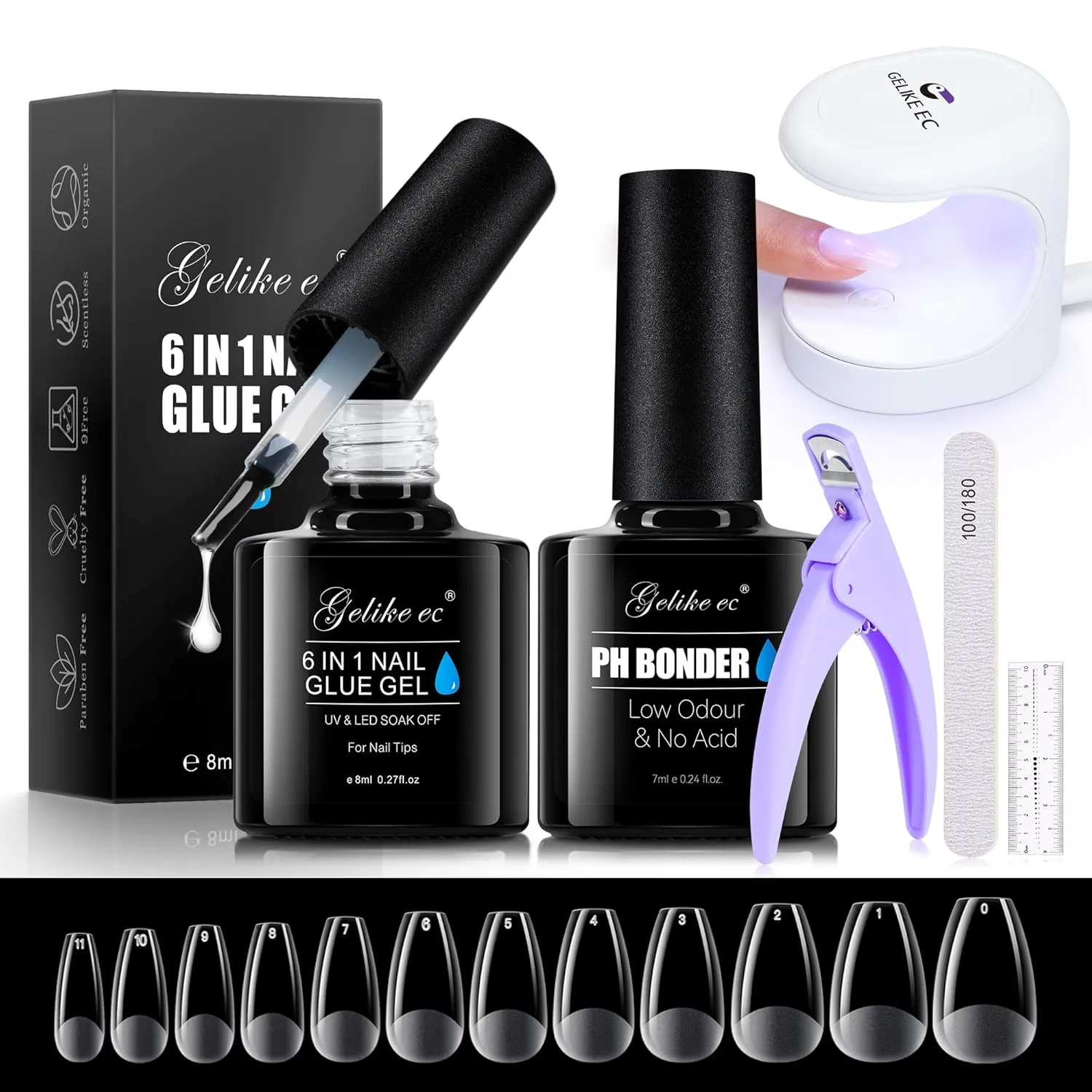 Gelike EC Gel Nail Kit: 528pcs Short Coffin Shape Soft Gel Nail Tips, 6 In 1 Nail Glue Gel and Primer, LED Nail Lamp, Nail Files, Clipper and Soft Ruler for Fast Acrylic Nail Art DIY Home Manicure