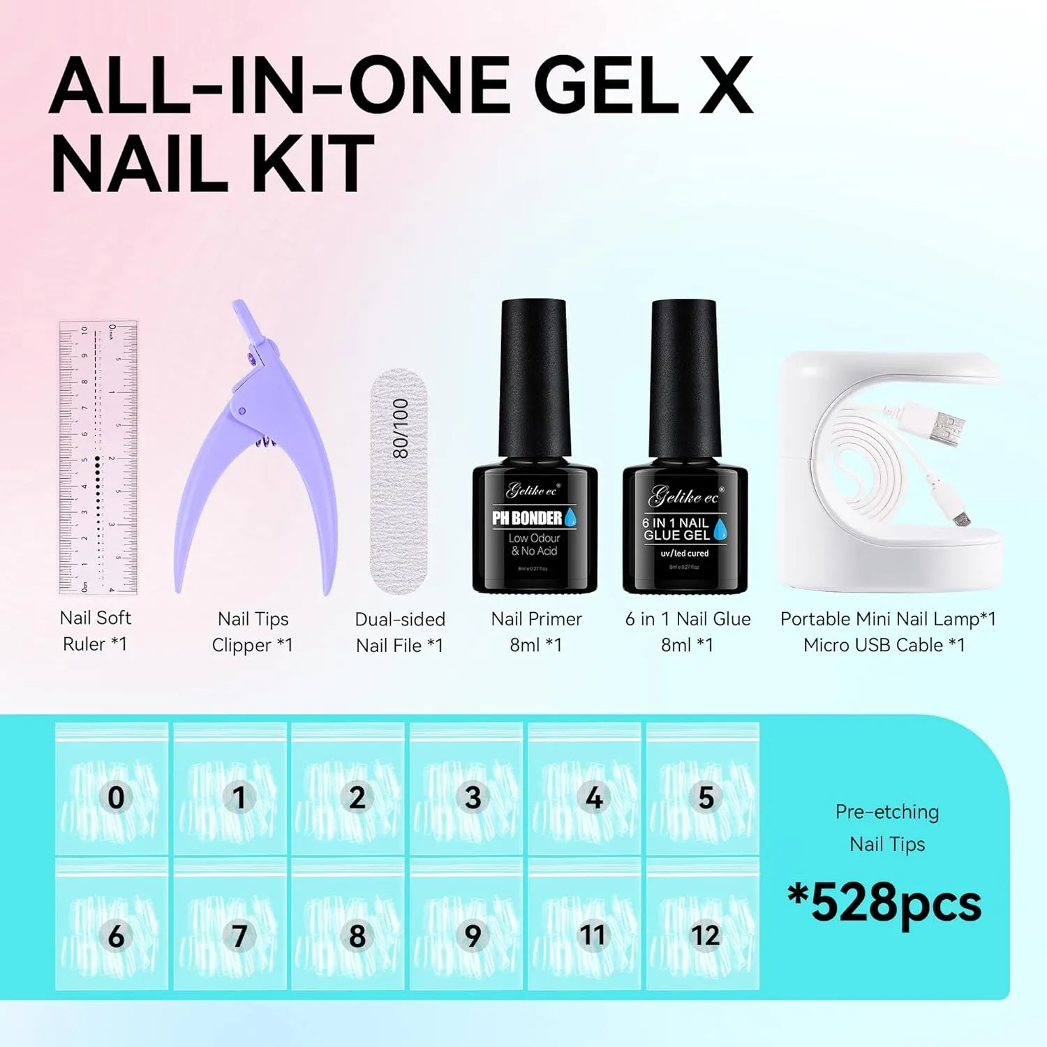 Gelike EC Gel Nail Kit: 528pcs Short Coffin Shape Soft Gel Nail Tips, 6 In 1 Nail Glue Gel and Primer, LED Nail Lamp, Nail Files, Clipper and Soft Ruler for Fast Acrylic Nail Art DIY Home Manicure