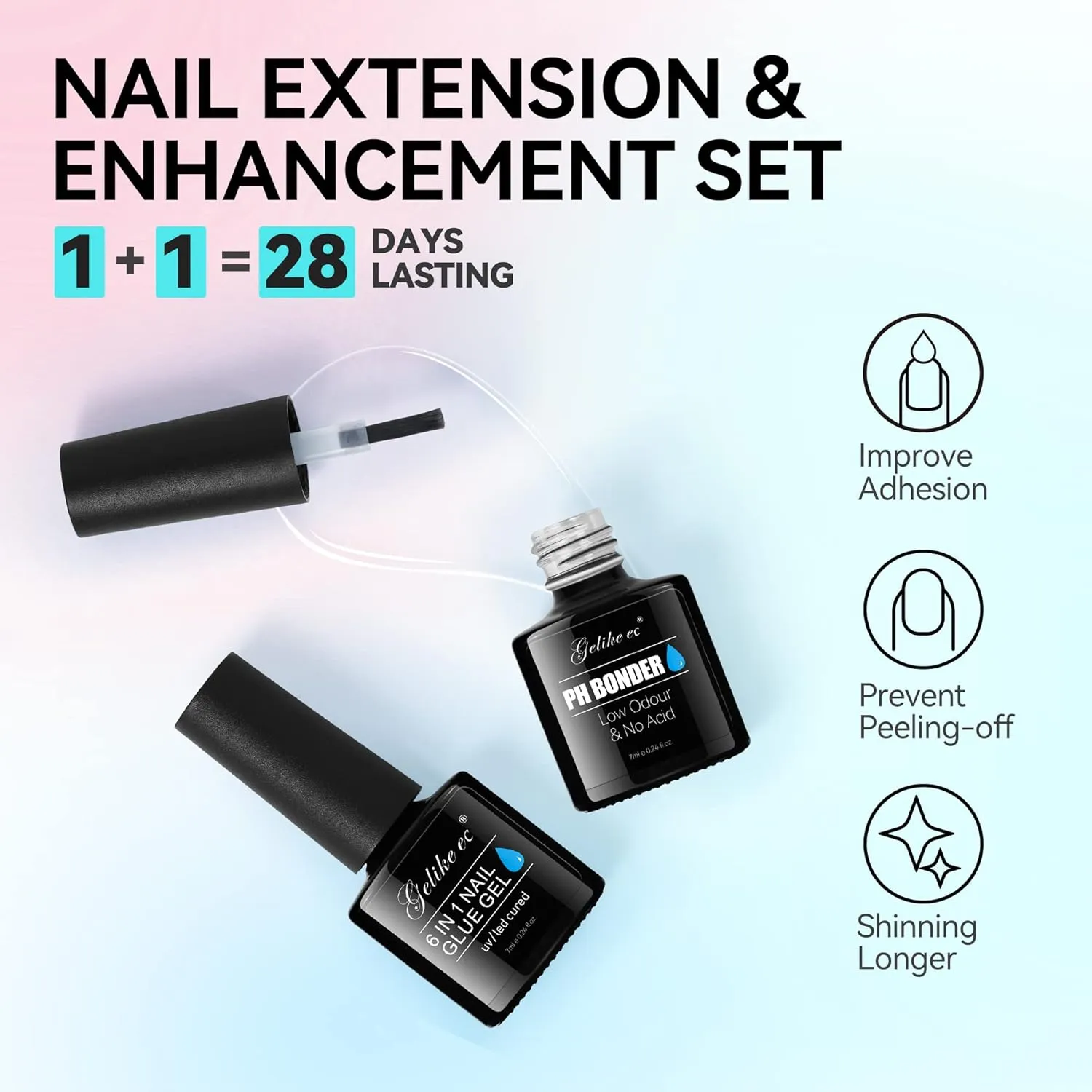 Gelike EC Gel Nail Kit: 528pcs Short Coffin Shape Soft Gel Nail Tips, 6 In 1 Nail Glue Gel and Primer, LED Nail Lamp, Nail Files, Clipper and Soft Ruler for Fast Acrylic Nail Art DIY Home Manicure