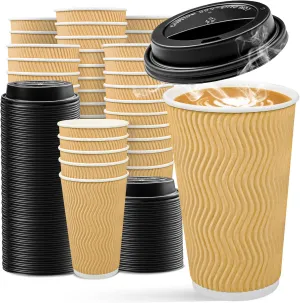 Ginkgo 100 Pack Disposable Coffee Cups with Lids 16 oz, Insulated Ripple Wall To Go Paper Cups for Party Home and Travel - Beige