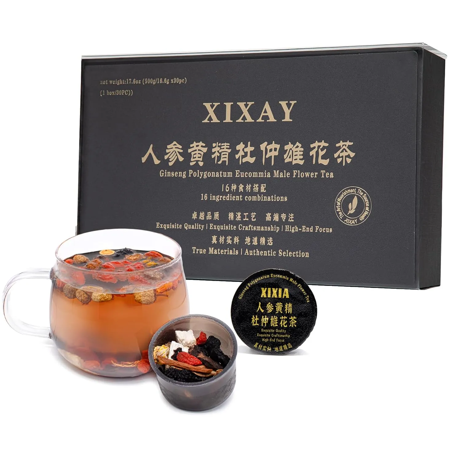 Ginseng Polygonatum Eucommia Male Flower Tea, 16 Ingredients Organic Natural Formula Kidney Tea, 500g/Box Ginseng Six Treasure Aid Root Kidney Men's Herbal Tea (30 cans/1Box)