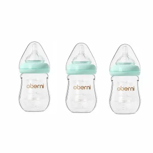 Glass Baby Bottles, Anti Colic Breastfeeding Bottle with Natural Response Nipple for Newborn Preemie 0  Month, BPA Free, Wide Neck, Blue/3Pack/5oz