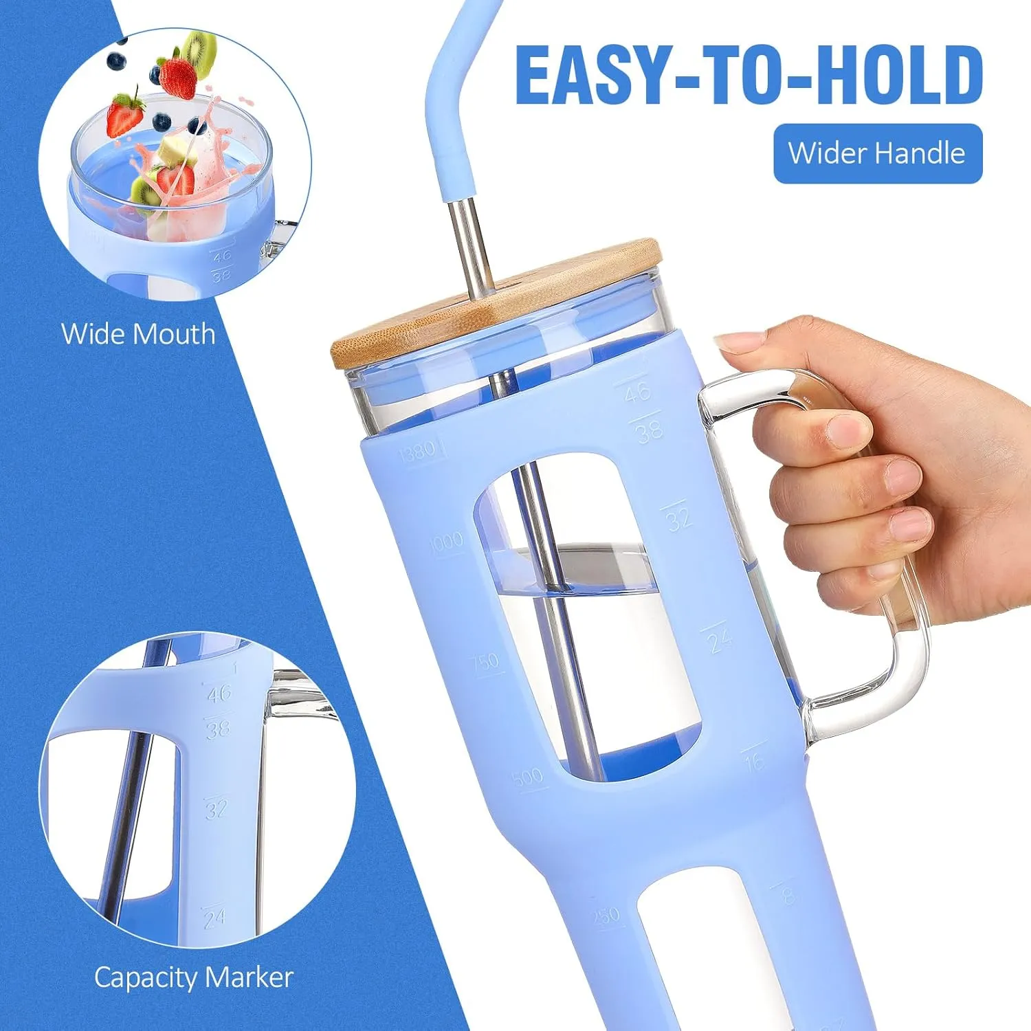 Glass Tumbler with Lid and Straw, 46 oz Iced Coffee Cup with Handle, Glass Water Bottles with Silicone Sleeve, Glass Cup with Straws - Pearl Straw & Drinking Straw BPA Free-Glacier