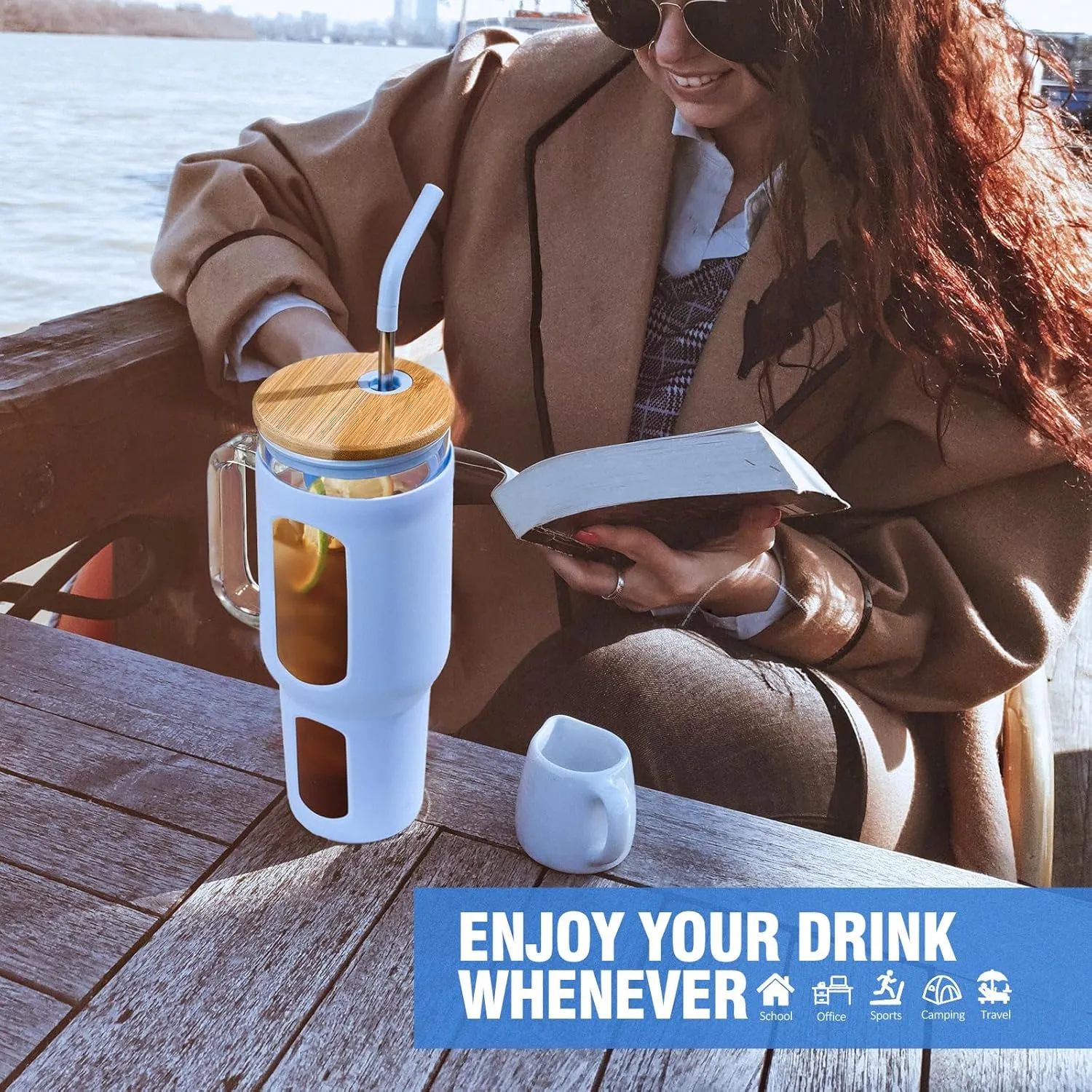 Glass Tumbler with Lid and Straw, 46 oz Iced Coffee Cup with Handle, Glass Water Bottles with Silicone Sleeve, Glass Cup with Straws - Pearl Straw & Drinking Straw BPA Free-Glacier