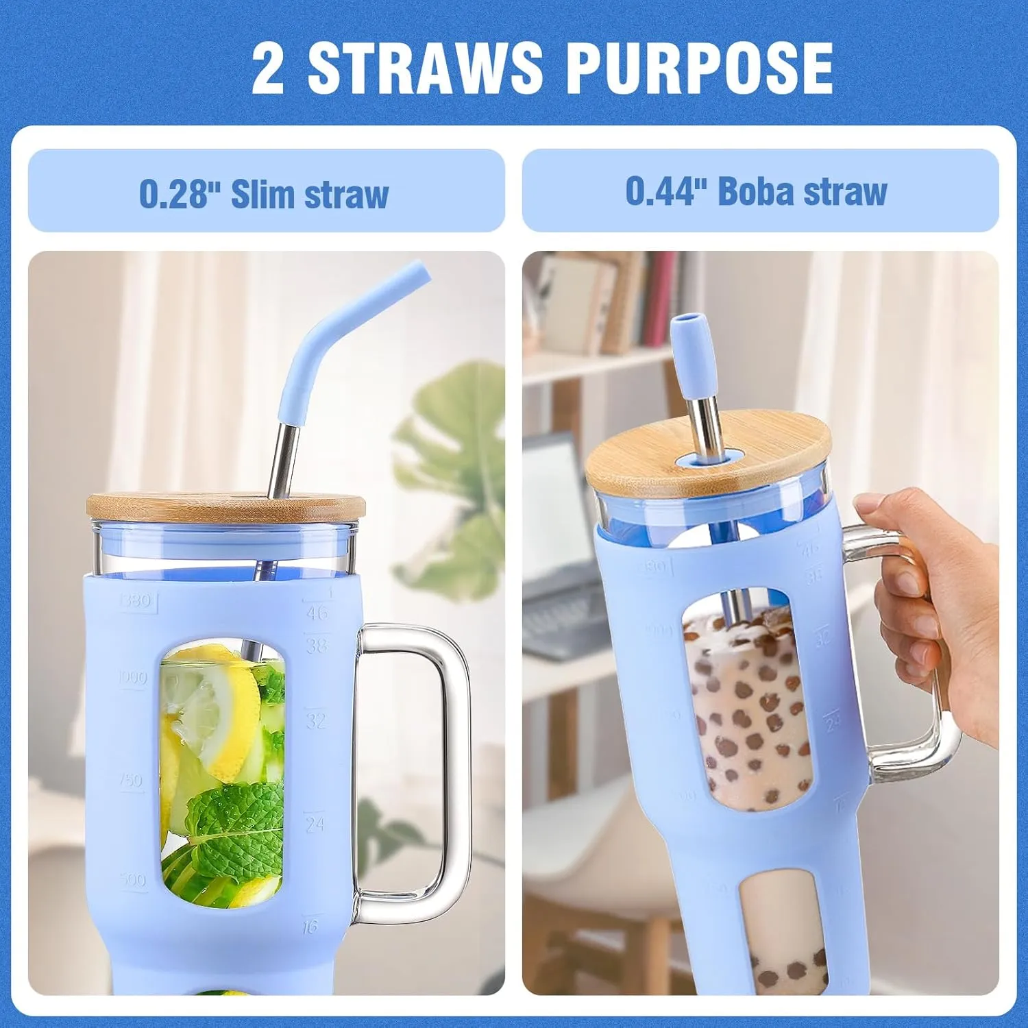 Glass Tumbler with Lid and Straw, 46 oz Iced Coffee Cup with Handle, Glass Water Bottles with Silicone Sleeve, Glass Cup with Straws - Pearl Straw & Drinking Straw BPA Free-Glacier