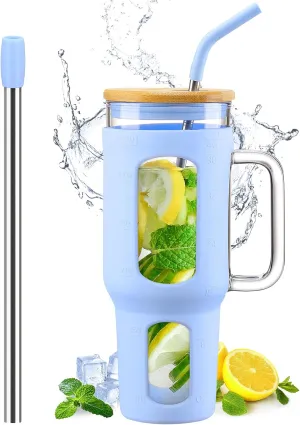 Glass Tumbler with Lid and Straw, 46 oz Iced Coffee Cup with Handle, Glass Water Bottles with Silicone Sleeve, Glass Cup with Straws - Pearl Straw & Drinking Straw BPA Free-Glacier