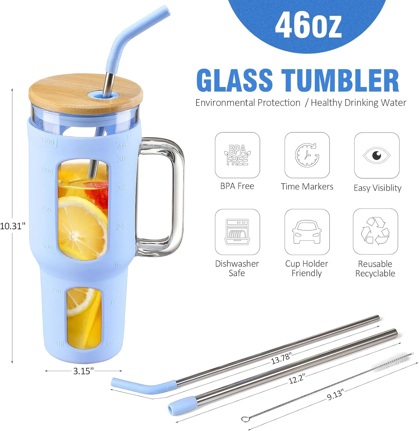 Glass Tumbler with Lid and Straw, 46 oz Iced Coffee Cup with Handle, Glass Water Bottles with Silicone Sleeve, Glass Cup with Straws - Pearl Straw & Drinking Straw BPA Free-Glacier