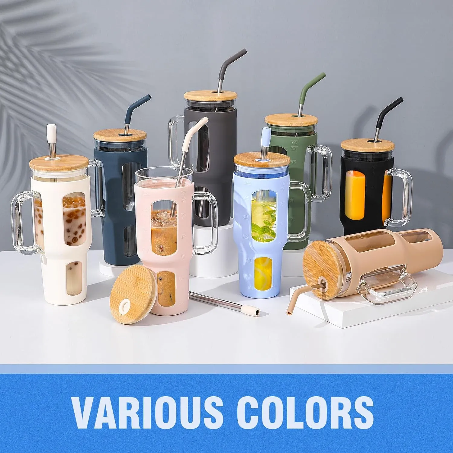 Glass Tumbler with Lid and Straw, 46 oz Iced Coffee Cup with Handle, Glass Water Bottles with Silicone Sleeve, Glass Cup with Straws - Pearl Straw & Drinking Straw BPA Free-Glacier