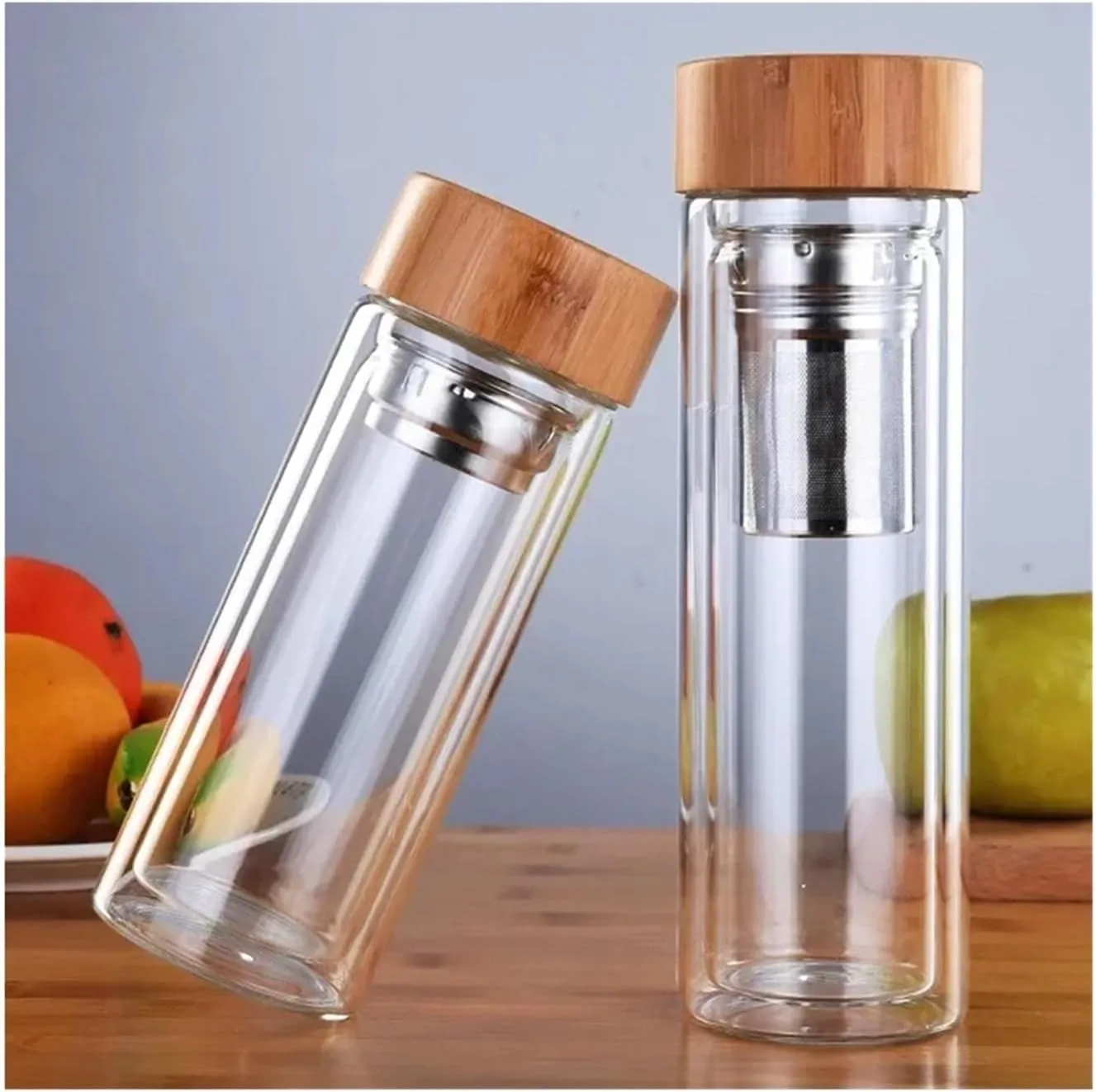 Glass Water Bottle Filter Bamboo Cover Travel Home teapot Office Thick Teacup 300/400/500ML(500ml)