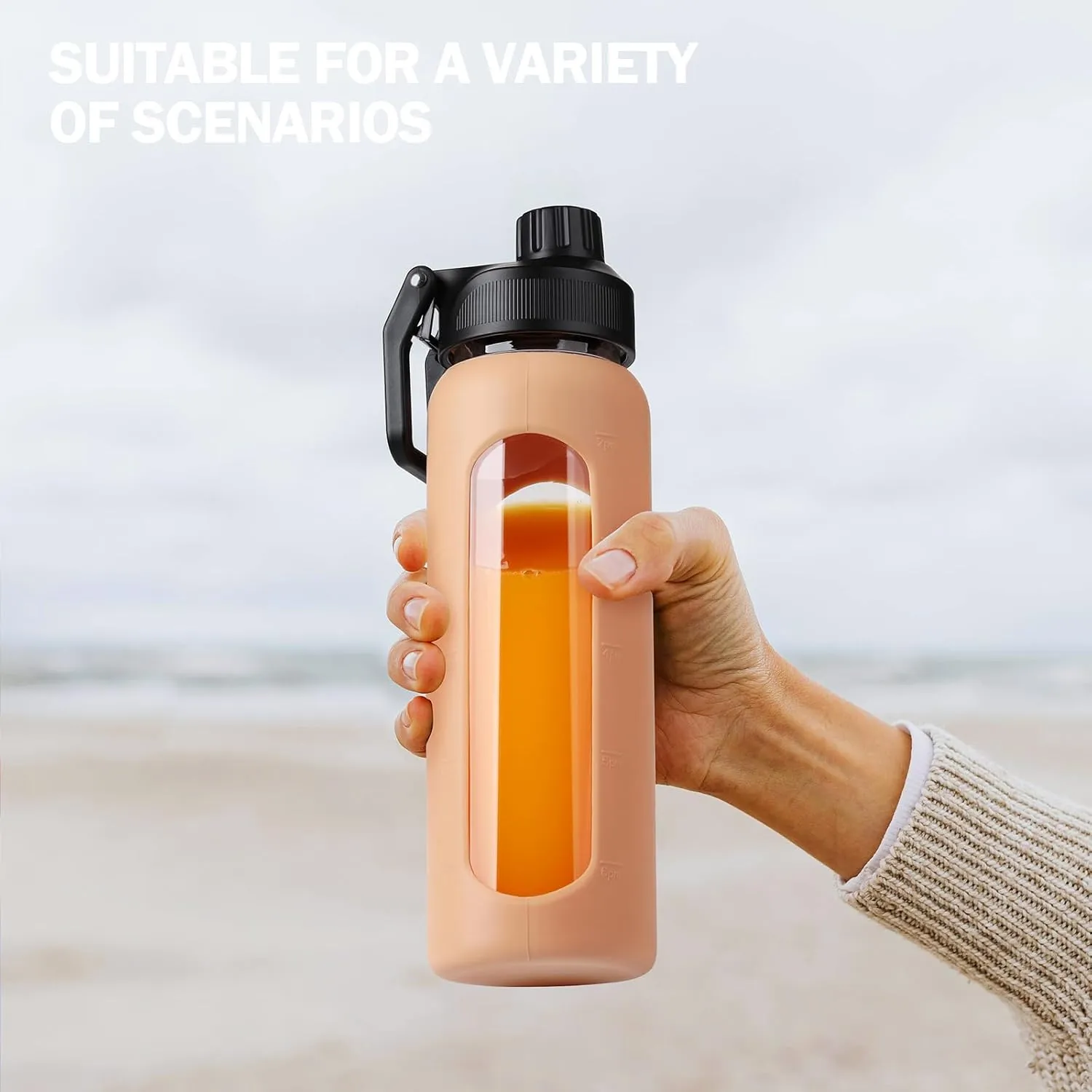 Glass Water Bottle with Straw, 24oz Glass Drinking Bottle with 2 Lids-Bamboo and Spout Lid with Phone Holder for Gym Sports,with Silicone Sleeve and Time Marker,Wide Mouth, BPA Free,Amber