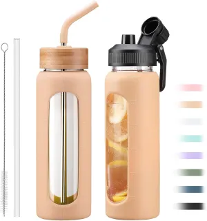 Glass Water Bottle with Straw, 24oz Glass Drinking Bottle with 2 Lids-Bamboo and Spout Lid with Phone Holder for Gym Sports,with Silicone Sleeve and Time Marker,Wide Mouth, BPA Free,Amber