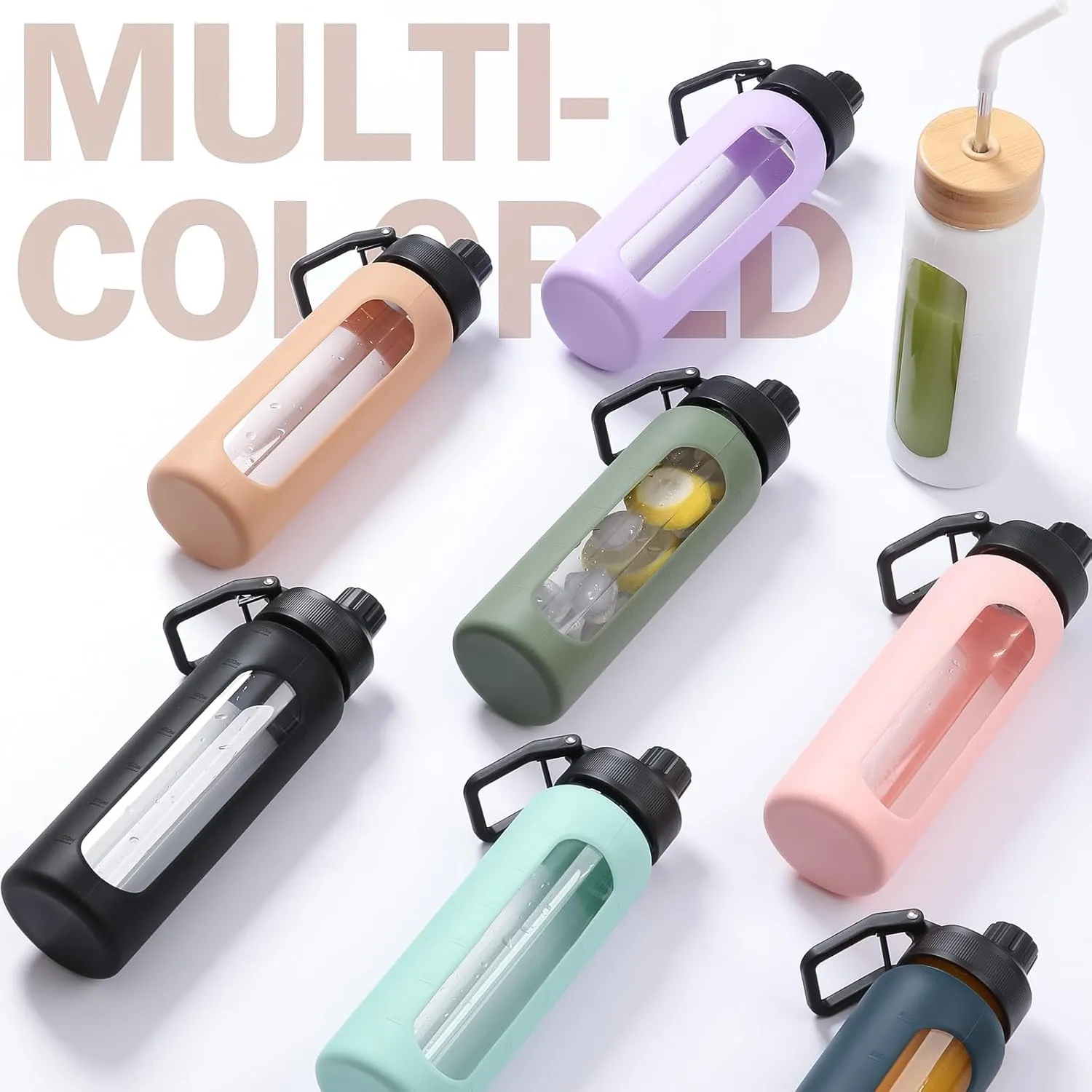 Glass Water Bottle with Straw, 24oz Glass Drinking Bottle with 2 Lids-Bamboo and Spout Lid with Phone Holder for Gym Sports,with Silicone Sleeve and Time Marker,Wide Mouth, BPA Free,Amber