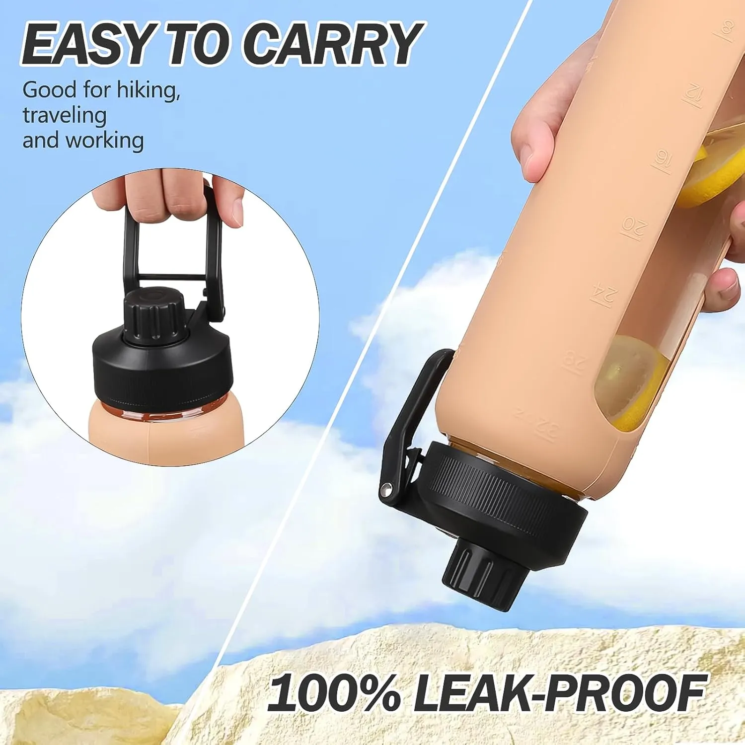 Glass Water Bottle with Straw, 24oz Glass Drinking Bottle with 2 Lids-Bamboo and Spout Lid with Phone Holder for Gym Sports,with Silicone Sleeve and Time Marker,Wide Mouth, BPA Free,Amber