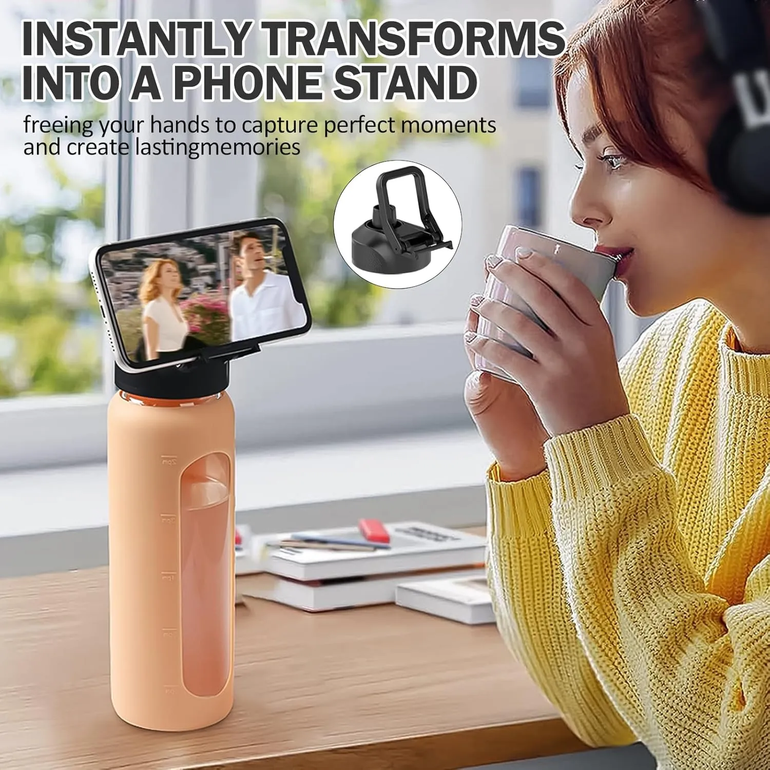 Glass Water Bottle with Straw, 24oz Glass Drinking Bottle with 2 Lids-Bamboo and Spout Lid with Phone Holder for Gym Sports,with Silicone Sleeve and Time Marker,Wide Mouth, BPA Free,Amber