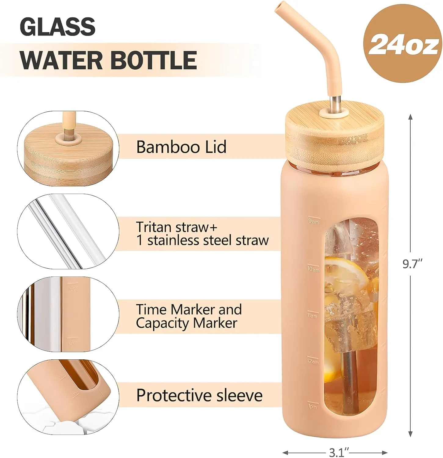 Glass Water Bottle with Straw, 24oz Glass Drinking Bottle with 2 Lids-Bamboo and Spout Lid with Phone Holder for Gym Sports,with Silicone Sleeve and Time Marker,Wide Mouth, BPA Free,Amber