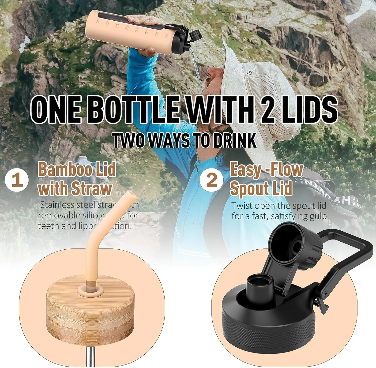 Glass Water Bottle with Straw, 24oz Glass Drinking Bottle with 2 Lids-Bamboo and Spout Lid with Phone Holder for Gym Sports,with Silicone Sleeve and Time Marker,Wide Mouth, BPA Free,Amber