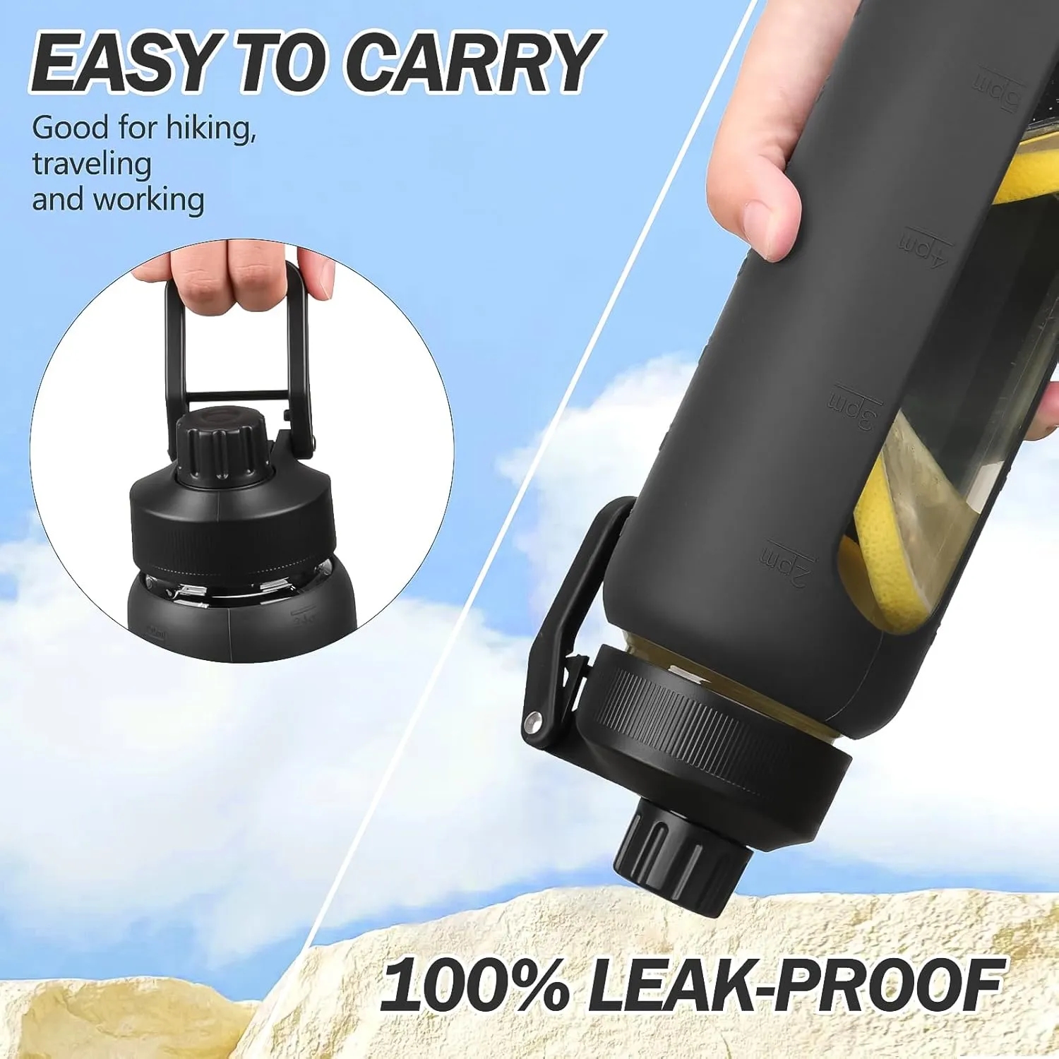 Glass Water Bottle with Straw, 24oz Glass Drinking Bottle with 2 Lids-Bamboo and Spout Lid with Phone Holder for Gym Sports,with Silicone Sleeve and Time Marker,Wide Mouth, BPA Free,Black