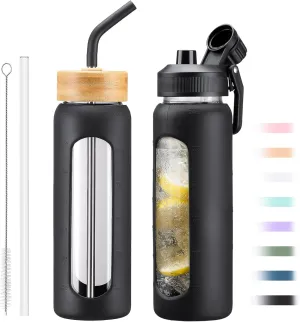 Glass Water Bottle with Straw, 24oz Glass Drinking Bottle with 2 Lids-Bamboo and Spout Lid with Phone Holder for Gym Sports,with Silicone Sleeve and Time Marker,Wide Mouth, BPA Free,Black