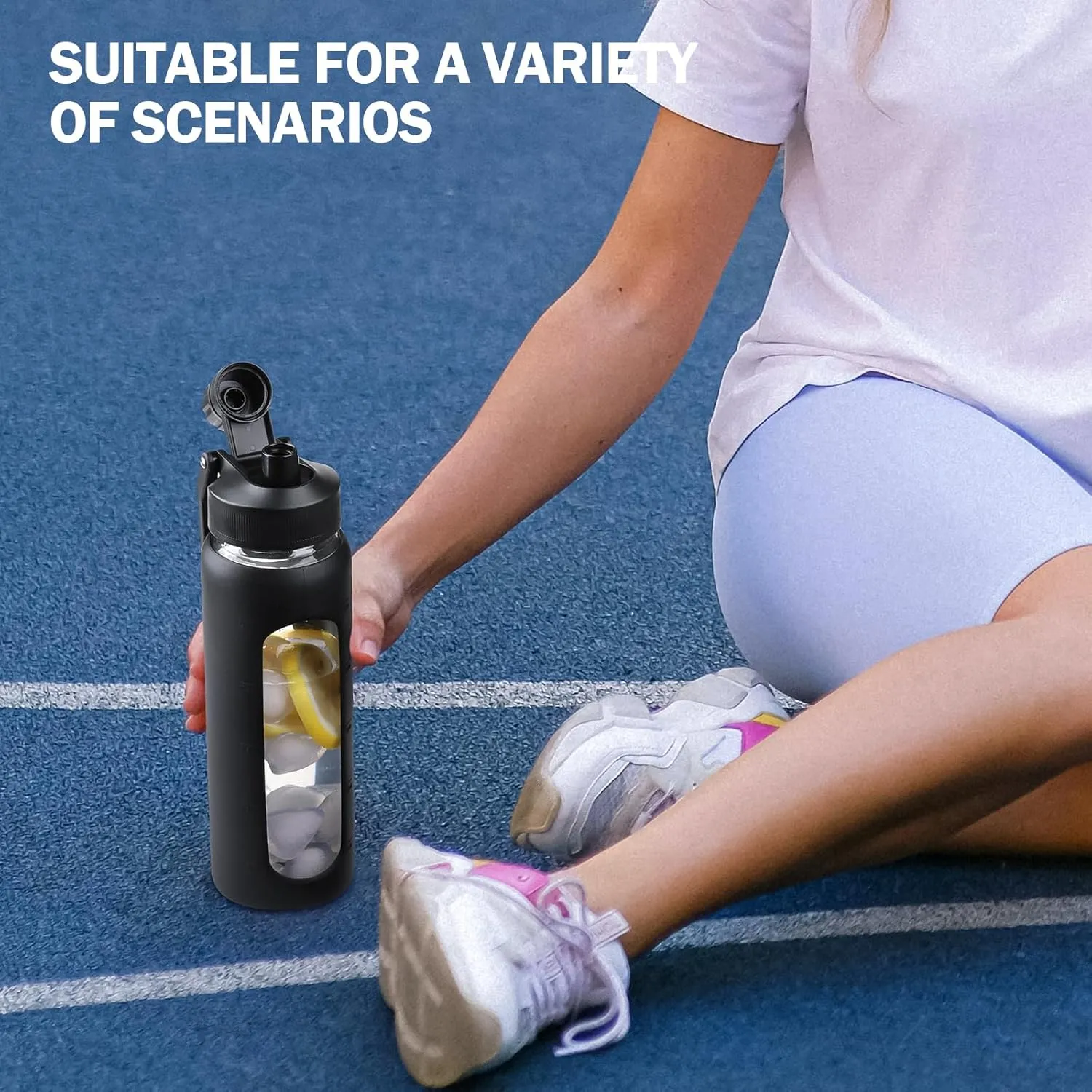 Glass Water Bottle with Straw, 24oz Glass Drinking Bottle with 2 Lids-Bamboo and Spout Lid with Phone Holder for Gym Sports,with Silicone Sleeve and Time Marker,Wide Mouth, BPA Free,Black