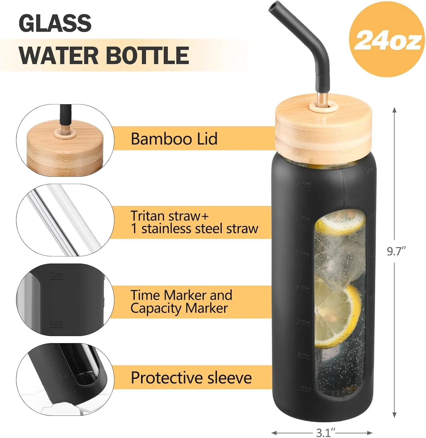 Glass Water Bottle with Straw, 24oz Glass Drinking Bottle with 2 Lids-Bamboo and Spout Lid with Phone Holder for Gym Sports,with Silicone Sleeve and Time Marker,Wide Mouth, BPA Free,Black