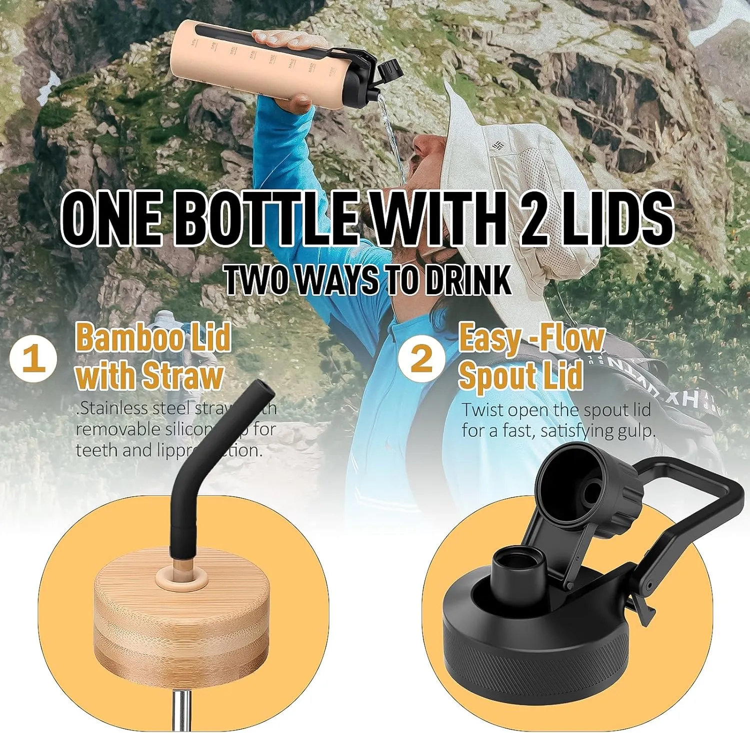 Glass Water Bottle with Straw, 24oz Glass Drinking Bottle with 2 Lids-Bamboo and Spout Lid with Phone Holder for Gym Sports,with Silicone Sleeve and Time Marker,Wide Mouth, BPA Free,Black