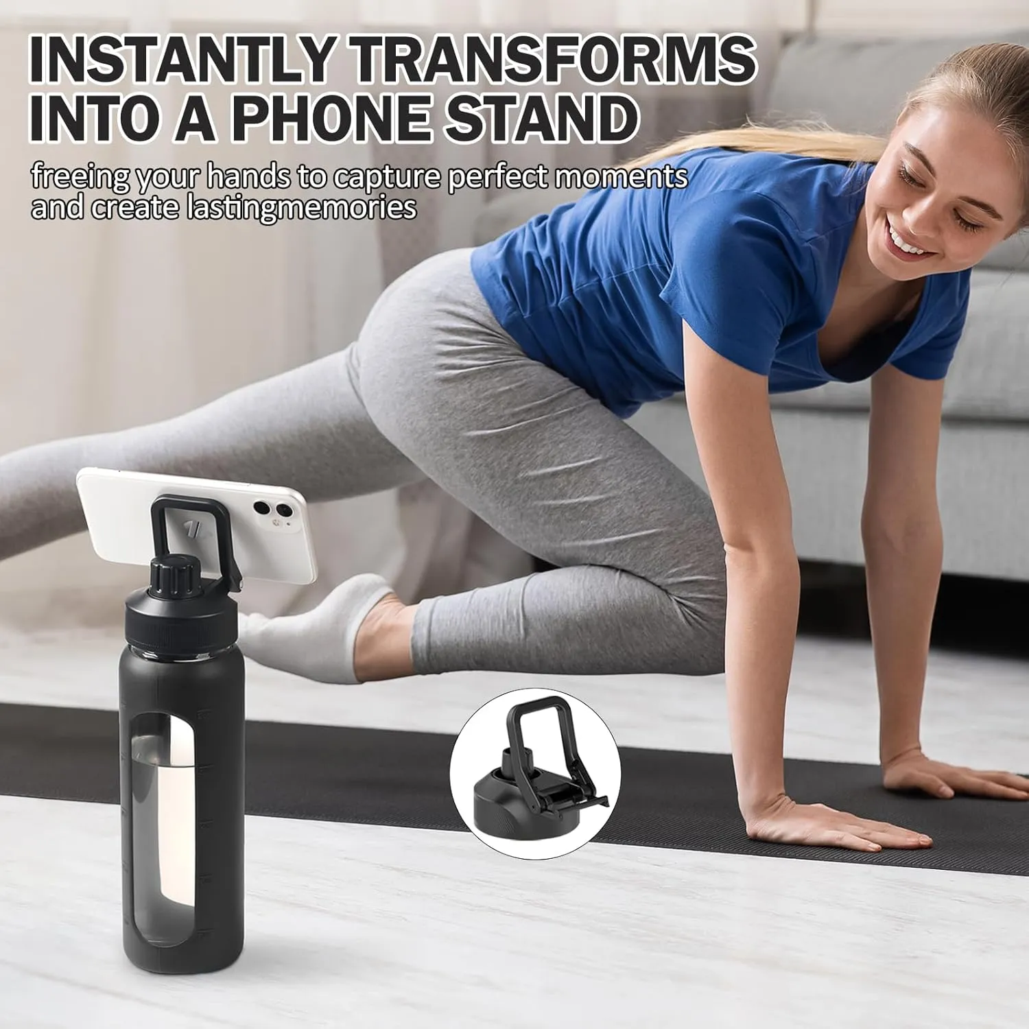 Glass Water Bottle with Straw, 24oz Glass Drinking Bottle with 2 Lids-Bamboo and Spout Lid with Phone Holder for Gym Sports,with Silicone Sleeve and Time Marker,Wide Mouth, BPA Free,Black