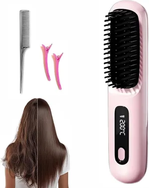 Go Brush Pro 2025 New Hair Straightener Brush - Cordless Hair Straightening,Compact & Travel-Friendly with LED Display Anti-Scald Mini Hot Straightening Comb for Women(Pink)