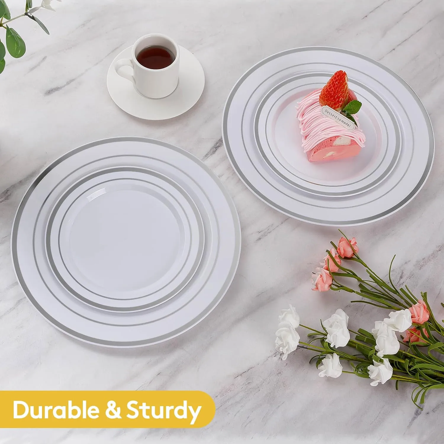 Goodluck 120PCS Silver Plastic Plates, Heavy Duty Disposable Silver Plates with 60 10.25 inch Dinner Plates and 60 7.5 inch Dessert Plates, Disposable Plates for Party, Holiday, Wedding