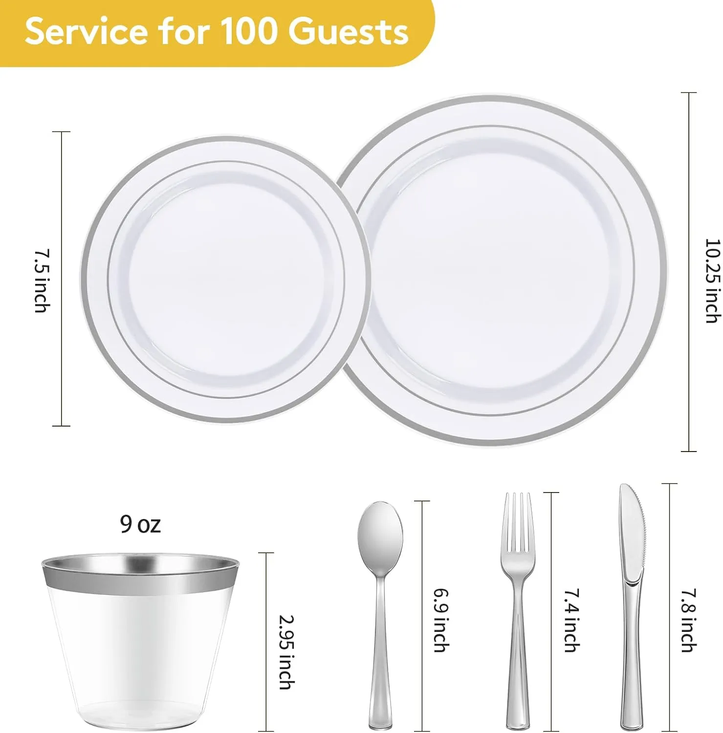 Goodluck 600 Piece Disposable Silver Plates for 100 Guests, Plastic Dinnerware Set of 100 Dinner Plates, 100 Salad Plates, 100 Spoons, 100 Forks, 100 Knives, 100 Cups, Plastic Plates for Party