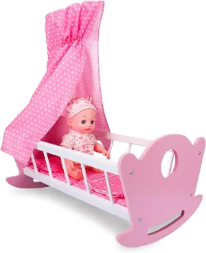 GOTHINK Wooden Baby Doll Crib Set, Doll Cradle Bed Fits up to 18 Inch Doll Accessories, Rocking Doll Bed Toys with Bedding and Canopy for Girls Ages 3 , Baby Doll Furniture