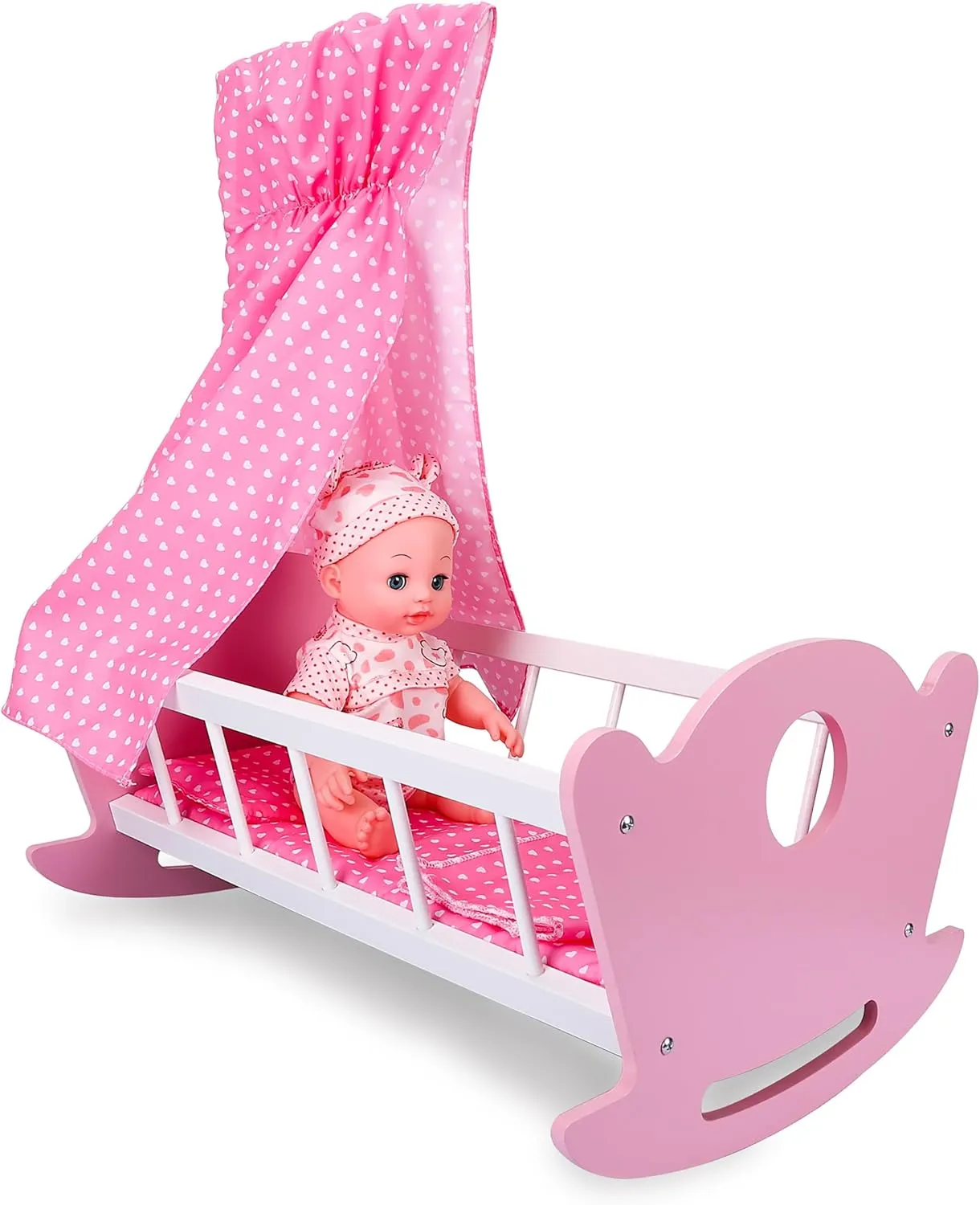 GOTHINK Wooden Baby Doll Crib Set, Doll Cradle Bed Fits up to 18 Inch Doll Accessories, Rocking Doll Bed Toys with Bedding and Canopy for Girls Ages 3 , Baby Doll Furniture