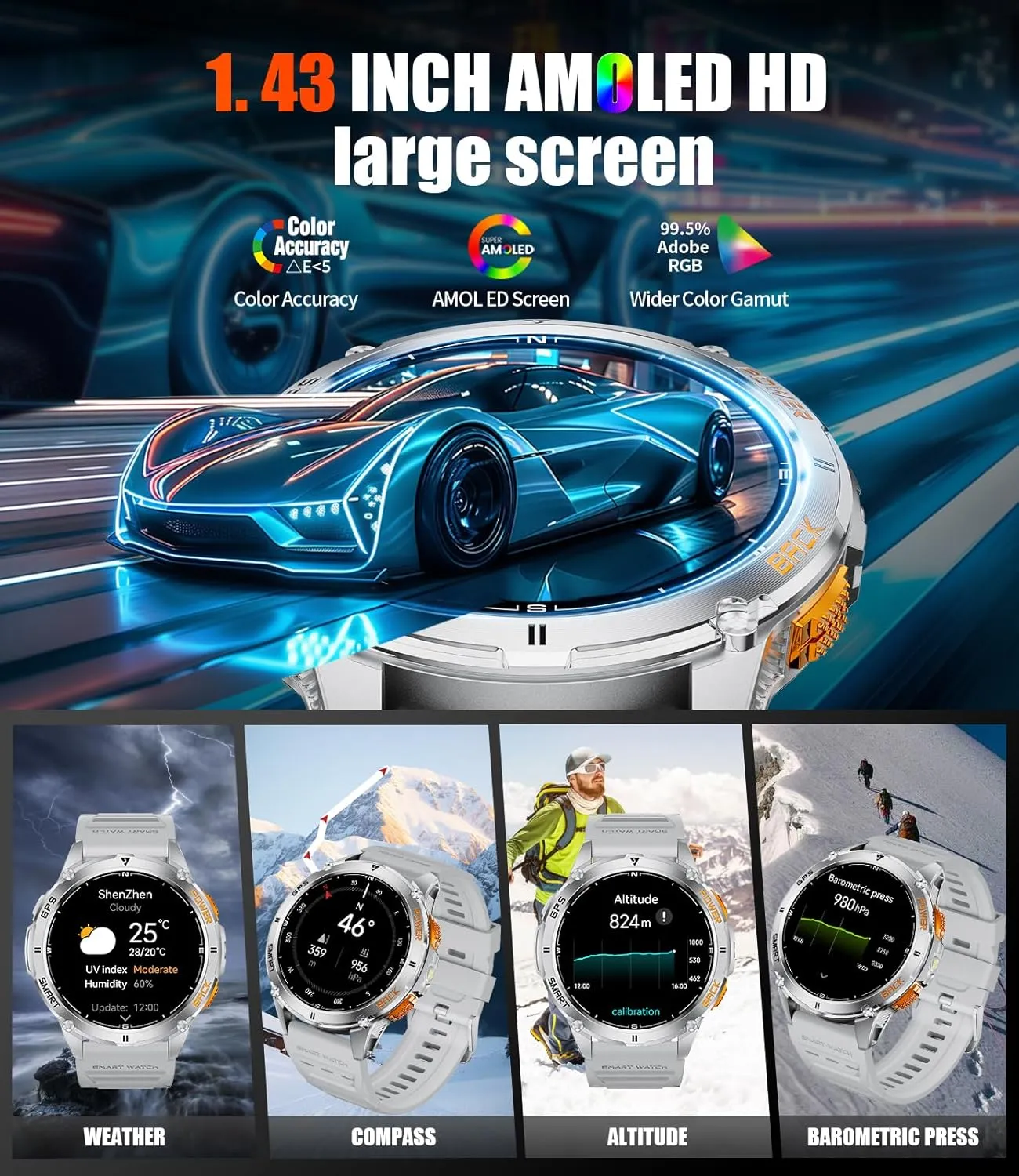 GPS Smart Watch for Men with LED Light/530mAh Battery, 1,43'' AMOLED Military Smartwatch with Compass/Barometer/Altimeter, Heart Rate/Sleep, 5ATM Waterproof Fitness Watch for Android iOS, Silver