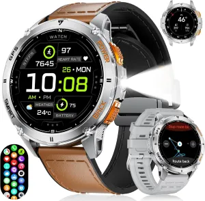GPS Smart Watch for Men with LED Light/530mAh Battery, 1,43'' AMOLED Military Smartwatch with Compass/Barometer/Altimeter, Heart Rate/Sleep, 5ATM Waterproof Fitness Watch for Android iOS, Silver