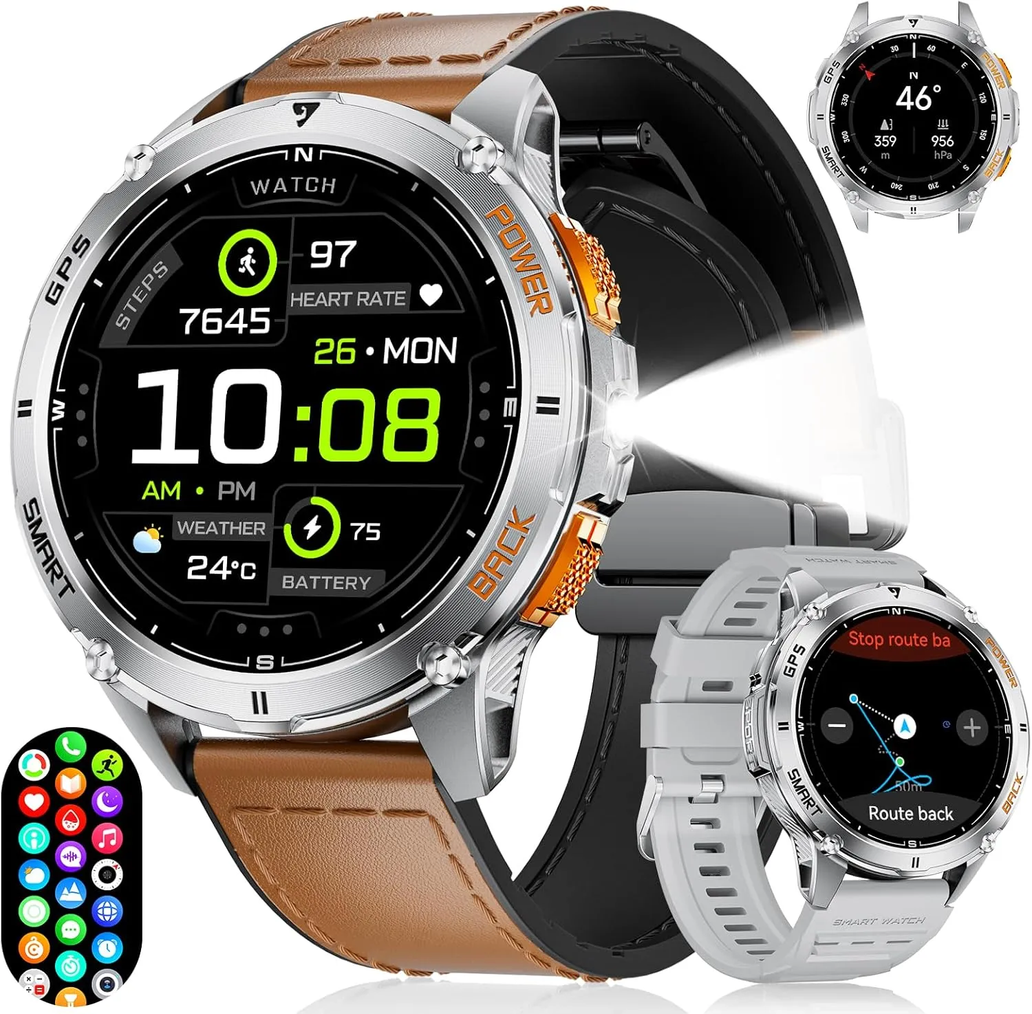 GPS Smart Watch for Men with LED Light/530mAh Battery, 1,43'' AMOLED Military Smartwatch with Compass/Barometer/Altimeter, Heart Rate/Sleep, 5ATM Waterproof Fitness Watch for Android iOS, Silver