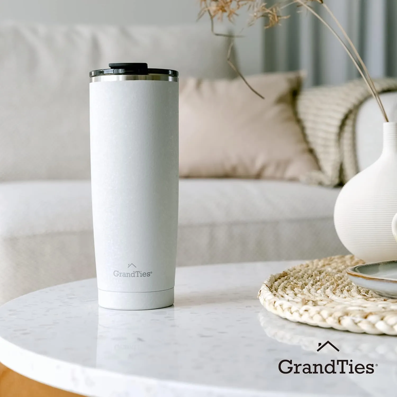 GRANDTIES Insulated Coffee Tumbler Cup w/Tritan Lid | Leak Proof, Reusable, Double Walled Vacuum Stainless Steel Travel Mug | 20oz (Snowy: Pearl)
