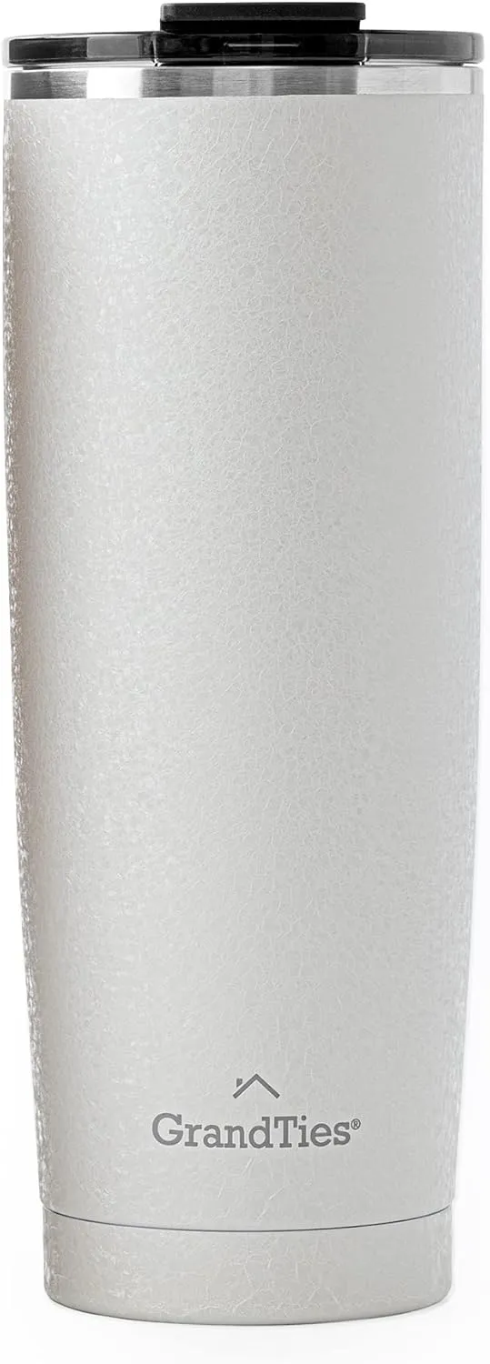 GRANDTIES Insulated Coffee Tumbler Cup w/Tritan Lid | Leak Proof, Reusable, Double Walled Vacuum Stainless Steel Travel Mug | 20oz (Snowy: Pearl)