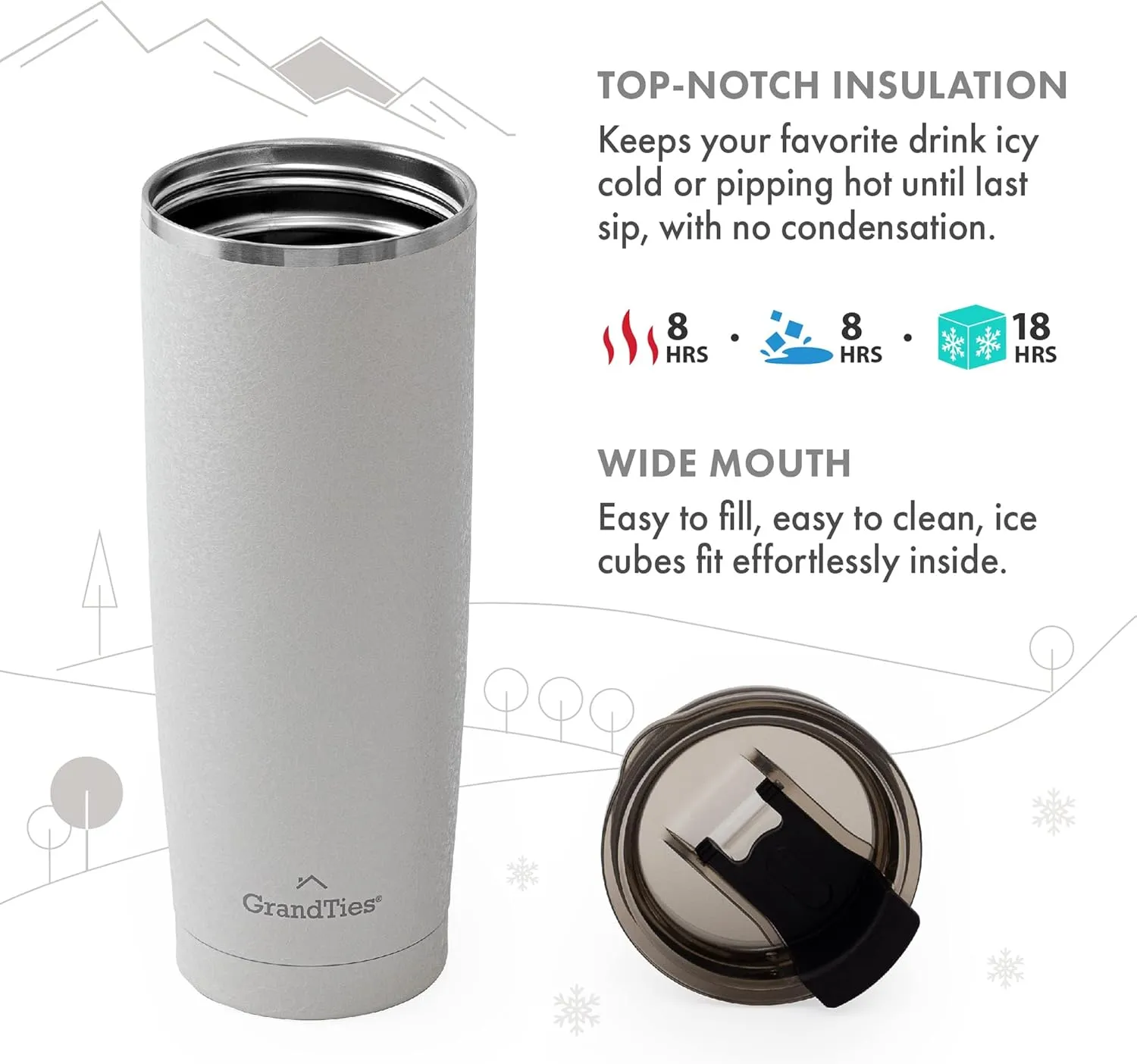 GRANDTIES Insulated Coffee Tumbler Cup w/Tritan Lid | Leak Proof, Reusable, Double Walled Vacuum Stainless Steel Travel Mug | 20oz (Snowy: Pearl)
