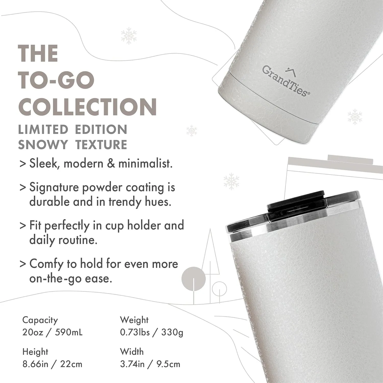 GRANDTIES Insulated Coffee Tumbler Cup w/Tritan Lid | Leak Proof, Reusable, Double Walled Vacuum Stainless Steel Travel Mug | 20oz (Snowy: Pearl)